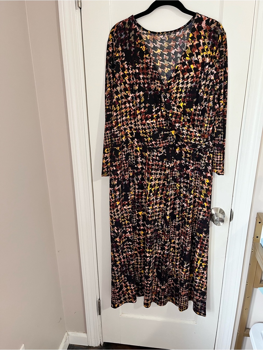 Investments Black Multicolor Houndstooth-Print Long Sleeve Wrap Maxi Dress